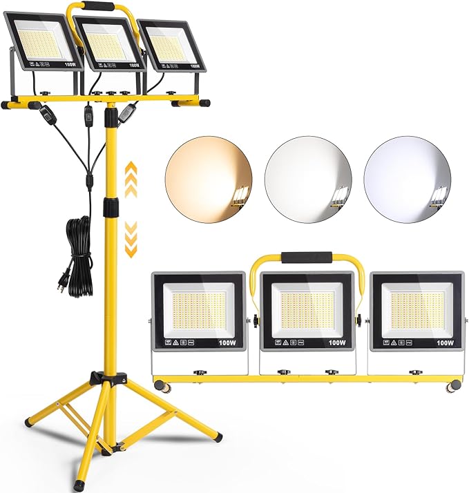 Portable LED Work Lights with Stand, 31000 Lumen 3 Head Work Lights with Individual Switch (3000K/5000K/6500K Selectable) & 16.5FT Cord, IP66 Waterproof Foldable Tripod Stand Worklights for Outdoor