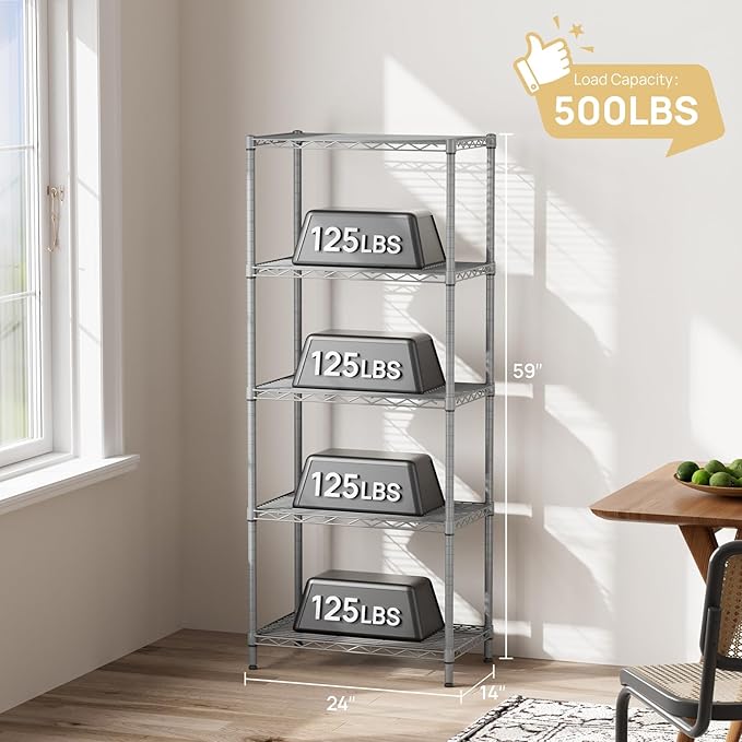 SINGAYE 5 Tier Storage Garage Shelving Units Heavy Duty Wire Shelves Pantry Metal for Pantry Closet Kitchen Laundry Bathroom Organizers Shelf Home Shorage Gray