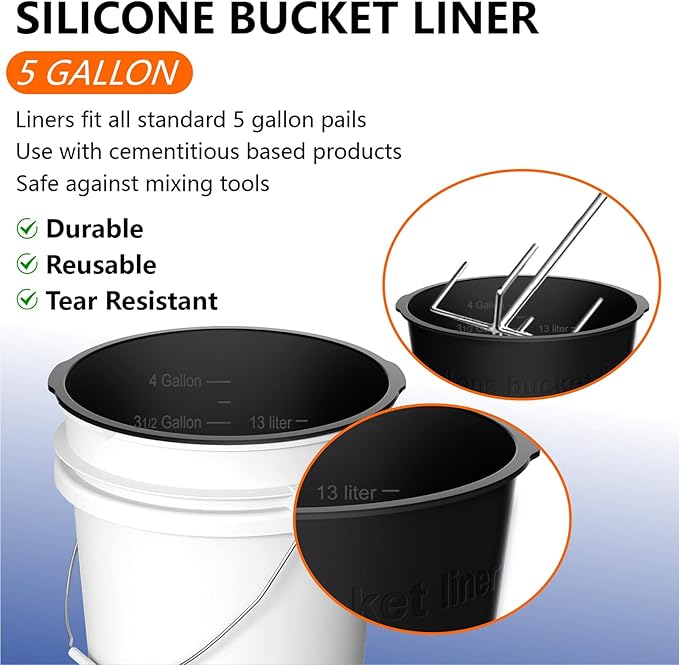 2PCS 5 Gallon Bucket Liner Reusable Rubber Bucket Liners for Concrete Mix and Thinset with Graduated Measurements (2PCS-Black)