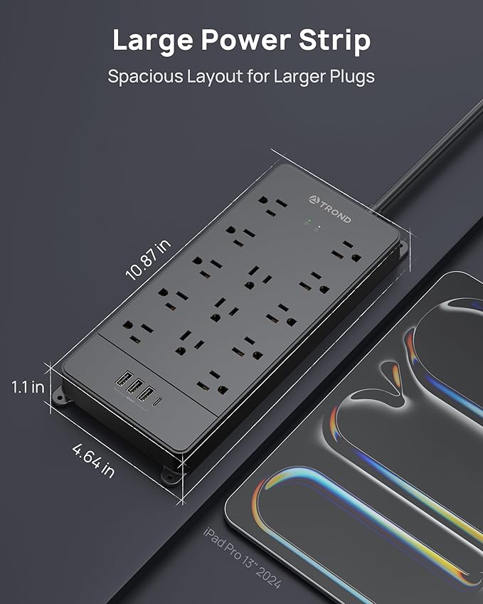 TROND Surge Protector Power Strip 15 ft Cord - Long Extension Cord, 13 Widely-Spaced Outlets Expansion with USB C Ports, 4000 Joules, Flat Plug, Wall Mount, ETL Listed, Office Desk Accessory, Black