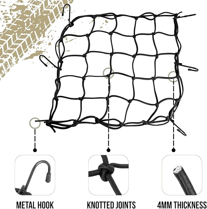 2 Pack Small Cargo Net for Motorcycle, Bike, ATV, UTV, 15"x15" Elastic Bungee Mesh Net with Hooks, Secure Gears, Helmet, Luggage, Stretch up to 30"x30"