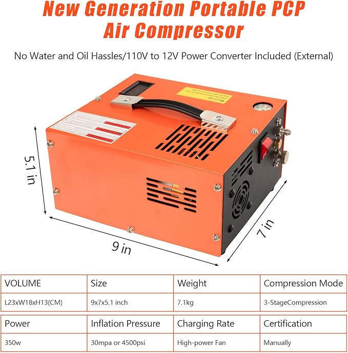 PCP Air Compressor, 4500PSI Portable PCP Compressor, 12V DC/110V AC PCP Airgun Compressor Manual-stop, w/External Power Adapter, Built-in Fan, Suitable for Paintball, PCP Rifle, Pistol, Scuba Bottle