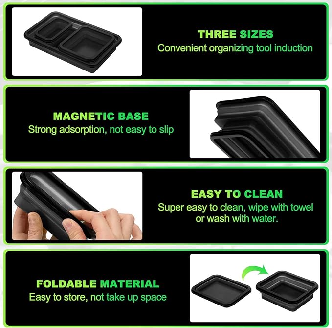 HARFINGTON 3pcs Collapsible Magnetic Parts Tray Set 3 Different Size Foldable Small Metal Parts Tool Tray Rectangle Silicone Bowls for Fixing Screw Bolts Nuts Washers Pins, Black