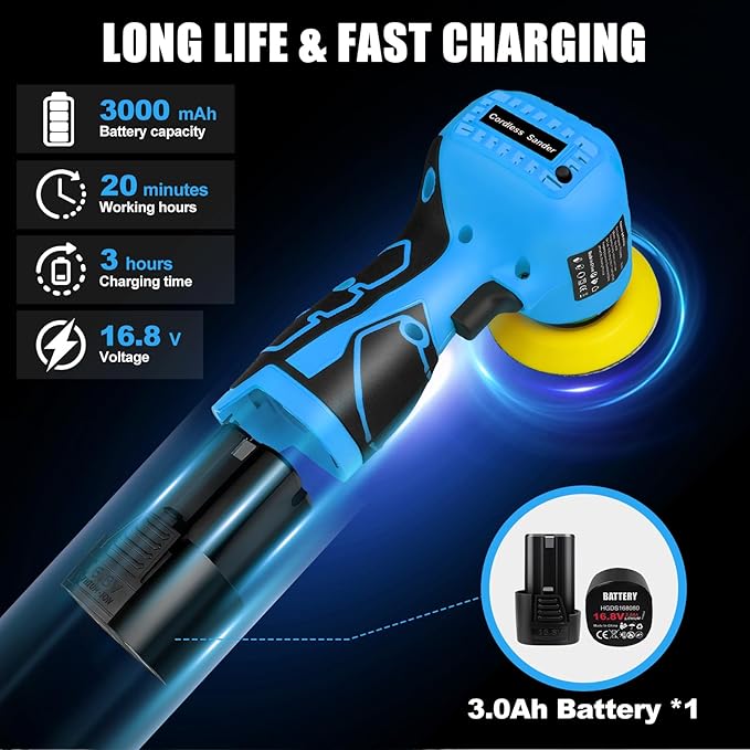 Cordless Sander, 3" Palm Sander with 16.8V 3.0Ah Li-ion Battery, 3500RPM Mini Polisher, 19 Accessories Sanders Tool for Sanding/Polishing/Waxing/Cleaning