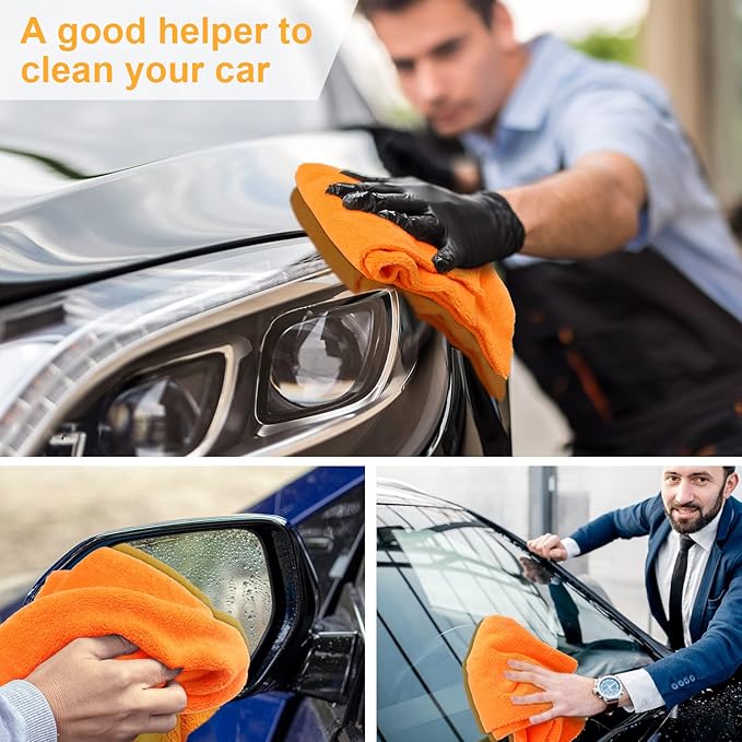 Shimeyao 30 Pcs 16 x 16 Inch Edgeless Microfiber Plush Towels for Cars Detailing Drying Wash Polishing Absorbent Cleaning Cloths, 500 GSM(Orange)