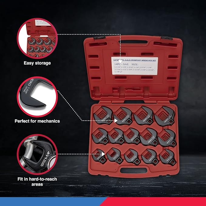 NEIKO 03326A ½” Drive Jumbo Crowfoot Wrench Set | 14 Piece | Metric | 27 to 50 mm | Cr-Mo Steel, Red