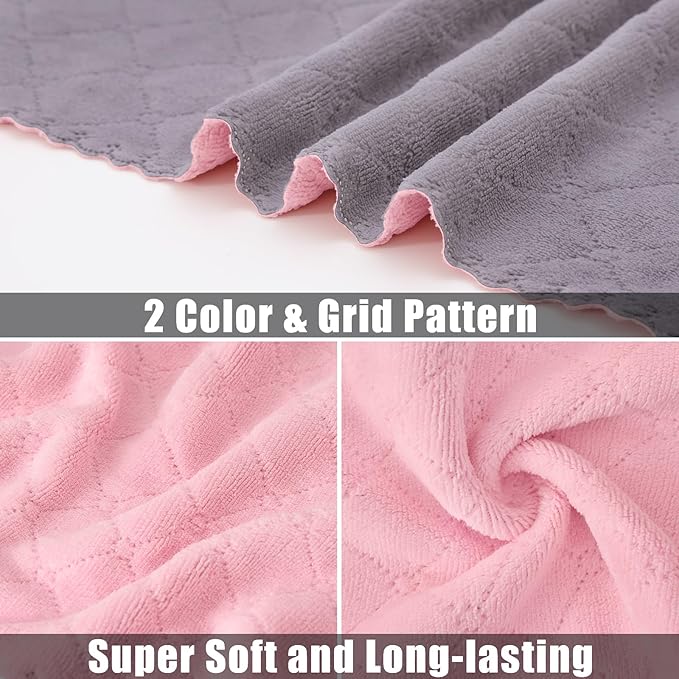 Mordimy 24 Pack Kitchen Towels (20" x 10", Grey & Pink), Super Soft and Absorbent Dish Towels, Coral Velvet Microfiber Cleaning Cloth, Nonstick Oil Fast Dry Dish Cloths