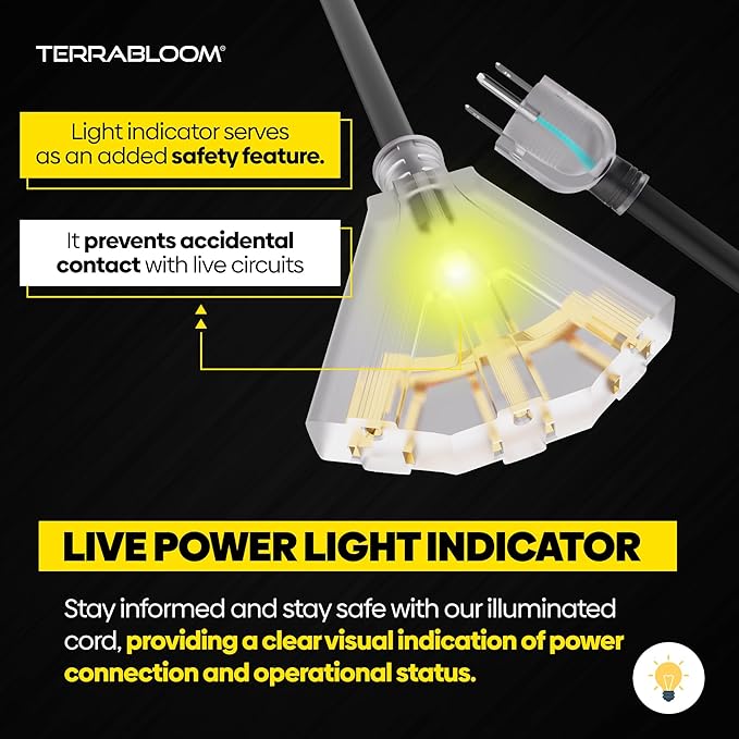 TerraBloom 12/3 Heavy Duty Extension Cord 50 FT Outdoor - Black Outdoor Extension Cord Multiple Outlet - Ultra-Flexible SJEOW Rubber, Light Indicator, Triple Outlet for Maximum Efficiency - 15 Amp