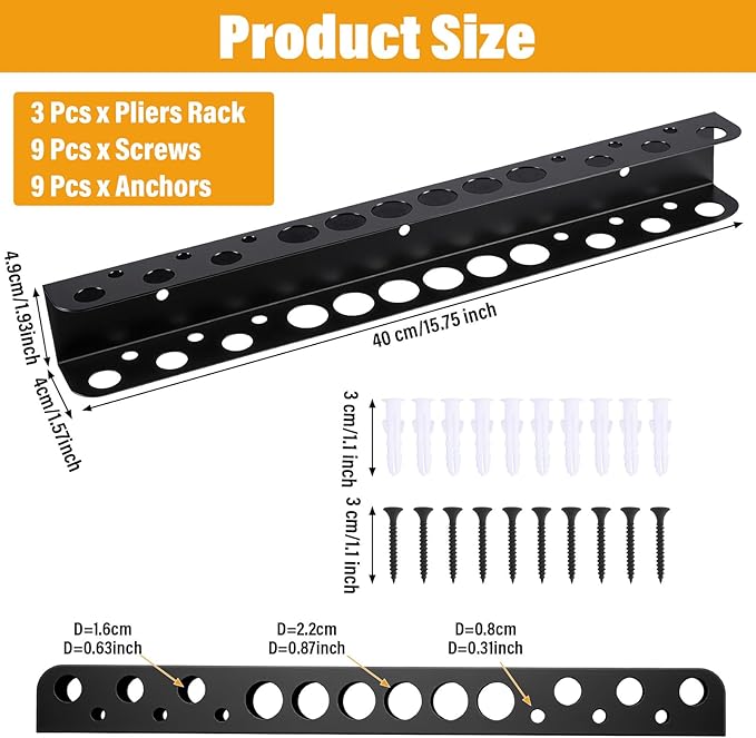 3-Pack Heavy Duty Screwdriver and Pliers Organizer Wall Mount, 16.75" Metal Tool Holder Rack with Screws & Anchors for Garage, Workshop, Toolbox