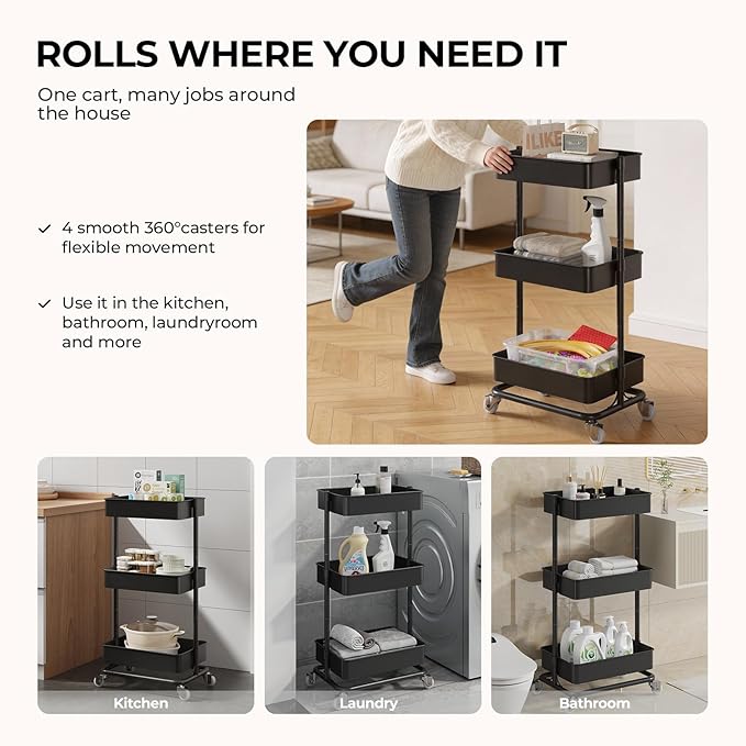 3 Tier Rolling Cart with Wheels for Home Organization, No Wobble Metal Utility Cart with Locking Casters, Adjustable Shelves Tool-Free Assembly Rolling Storage Cart for Kitchen Bathroom Laundry Room
