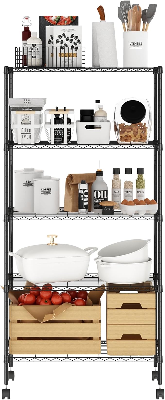 Furinno Wayar 5-Tier Metal Storage Shelf Rack Cart with Casters, 30 x 14 x 58, Black