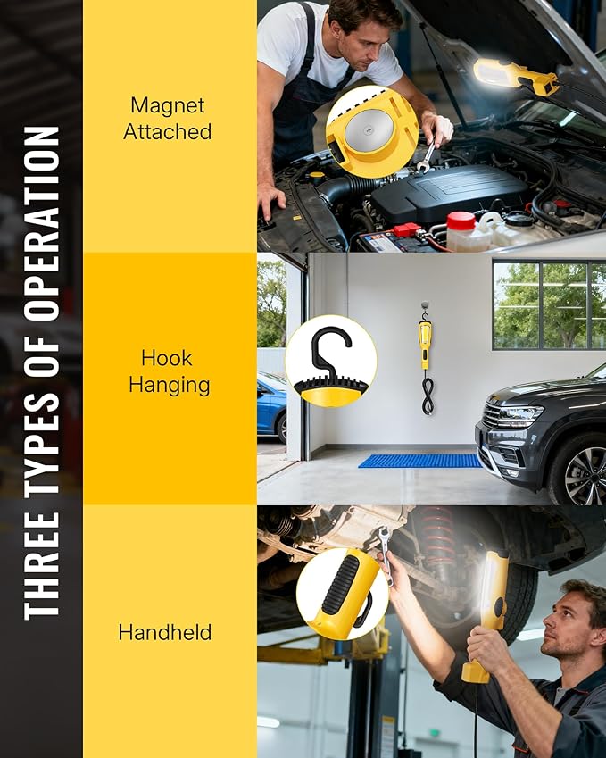 24W LED Work Light, 15FT 3000LM COB LED Light, Handheld Underhood Trouble Light with Cord 16 Gauge SJTW, Swivel Hook, for Garage, Workshop, Car Repair Scene, ETL Listed, Yellow Y05WL06