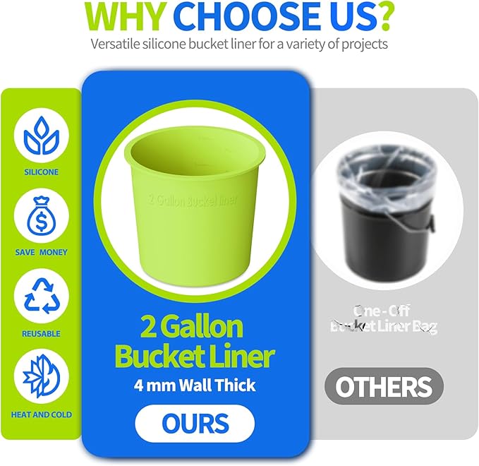 2 Gallon Silicone Bucket Liner with Measurements, 4mm Thick Reusable Flexible Silicone Liner, Leakproof Mixing Bucket for Epoxy Resin, Thinset, Paint, Cement, Concrete, Mud