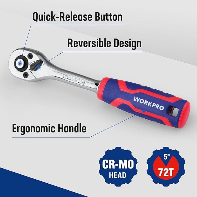 WORKPRO 3/8-Inch Drive Ratchet Wrench, 72-Tooth Reversible Ratchet, Quick-Release 3/8 Drive Ratchet Handle, CR-MO Head, Chrome Plated Finish