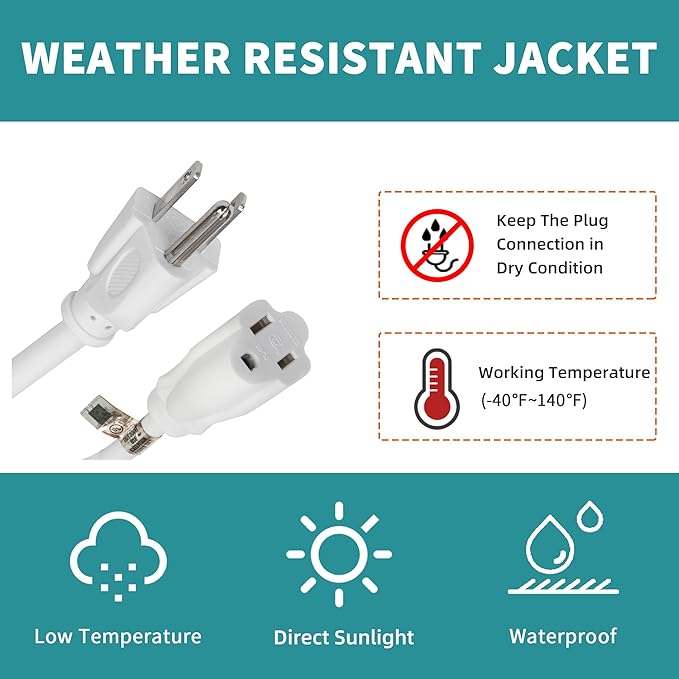 Indoor Outdoor Extension Cord Weatherproof, UL Listed, 16 Gauge 20FT White 3 Prong Heavy Duty, 16/3 SJTW 13A Power Cord for Outdoor Lights, Appliances, Lawn