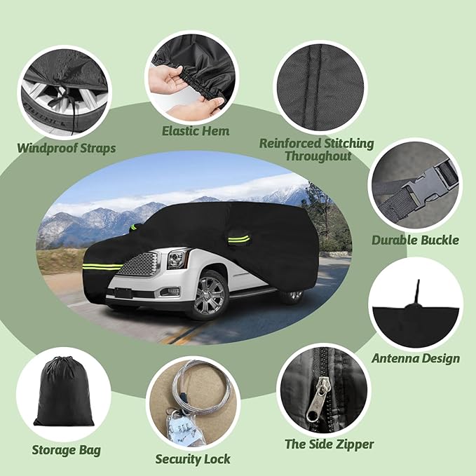 Car Cover for 2007-2025 Chevrolet Tahoe/Cadillac Escalade/GMC Yukon, 6 Layers Heavy Duty Waterproof Sun Rain UV Dust Snow Protection Outdoor Tahoe Car Cover with Cotton Lining and Zipper Door-Black