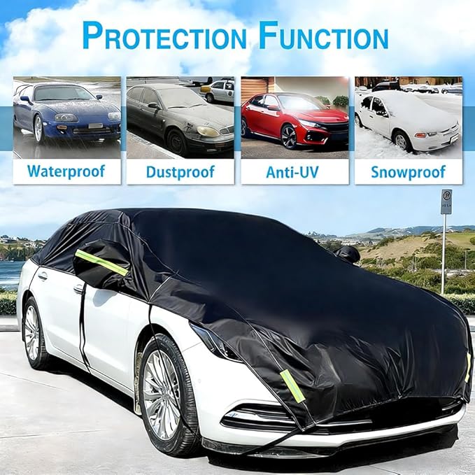 Half Car Cover All Weather Car Body Cover for All Season Sunshade Cover Snow Cover Waterproof 420D Oxford Fabric (Fit Sedan)