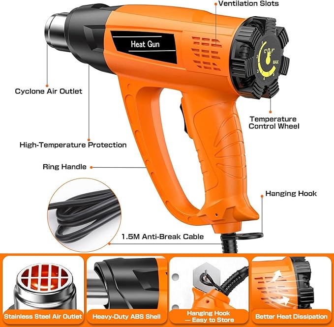 Heat Gun 1800W Heavy Duty Fast Heat Hot Air Gun Kit with 140℉-1112℉ （60℃-600℃） Dual-Temperature Settings and 5 Nozzles with Overheat Protection for Crafts, Shrinking PVC, Stripping Paint, Resin, DIY