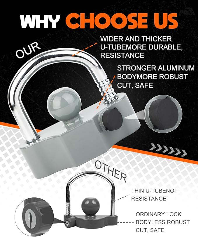 DEEAGLE Trailer Ball Coupler Lock, Heavy Duty Trailer Ball Hitch Lock Fits 1-7/8 Inch, 2 Inch, 2-5/16 Inch Couplers, Hitch Lock with Keys, Grey