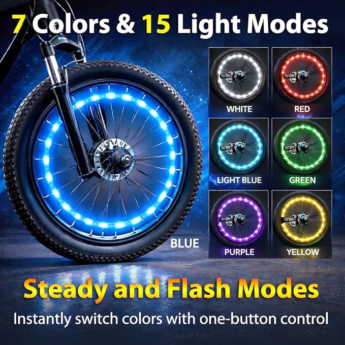 BLITZU Bike Wheel Lights, Bicycle Spoke Decorations Light for Night Riding, 2-Tire Pack 7 Colors in 1 Fun Bright Patterns, Disco LED Safety Strip Light, Bike Accessories for Kids, Boys, Girls, Adults