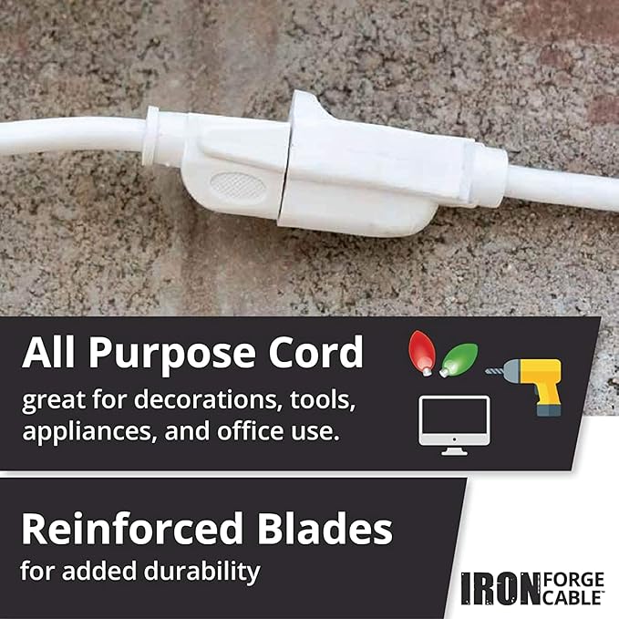 Iron Forge Cable 2 Pack Weatherproof 15 Ft Outdoor Extension Cord - 16/3 SJTW Heavy Duty White Extension Cord 3 Prong - 13 Amp Exterior Power Cable
