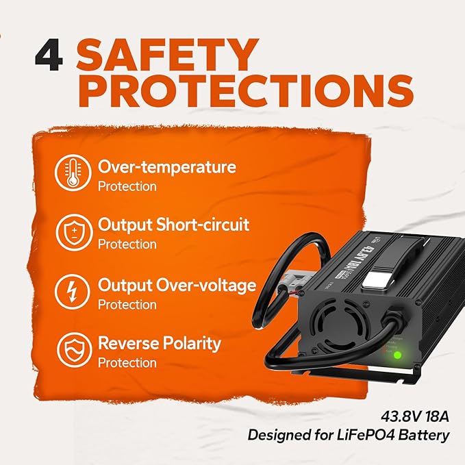 LiTime 43.8V 18A Lithium Battery Charger for 38.4V LiFePO4 Battery, AC-DC Smart Charger with 50A Anderson Connector, LED Indicator, Multiple Safety Protection for Golf Cart and RV