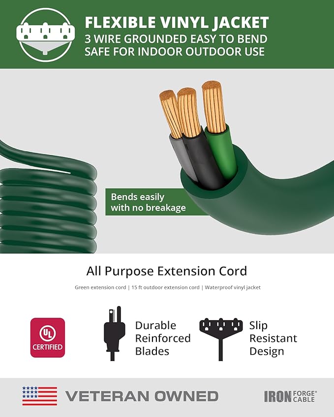 Iron Forge Cable 15ft Green Outdoor Extension Cord with 3 Outlets - 16/3 SJTW 15ft Extension Cord 3 Prong, 13 Amp All-Weather Heavy Duty Power Cable