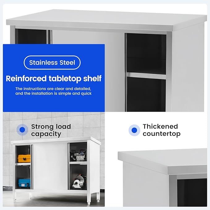 Hally Stainless Steel Cabinet, 24" x 48" NSF Commercial Heavy Duty Prep Workbench with Two Sliding Doors, Large Storage Cabinet, Metal Table for Kitchen, Restaurant, Garage