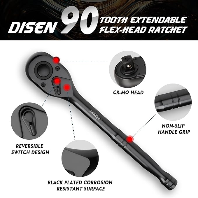 DISEN 3PCS Black Ratchet Wrench Set (1/2", 3/8", 1/4" Drive) - 90-Tooth Drive Ratchet Socket Wrench, Black Oxide Finish with Reversible Quick Release & EVA Tray - Industrial Ratchet Wrench Kit