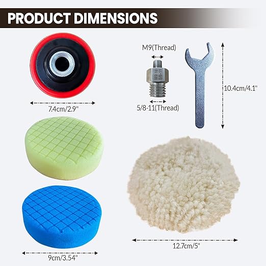 Buffing Polishing Kit for Milwaukee M12 Polisher/Sander,Includes M9 to 5/8-11 Adapter, 3" Backing Pad, Sponge and Wool Buffing Pads（9 Pcs）