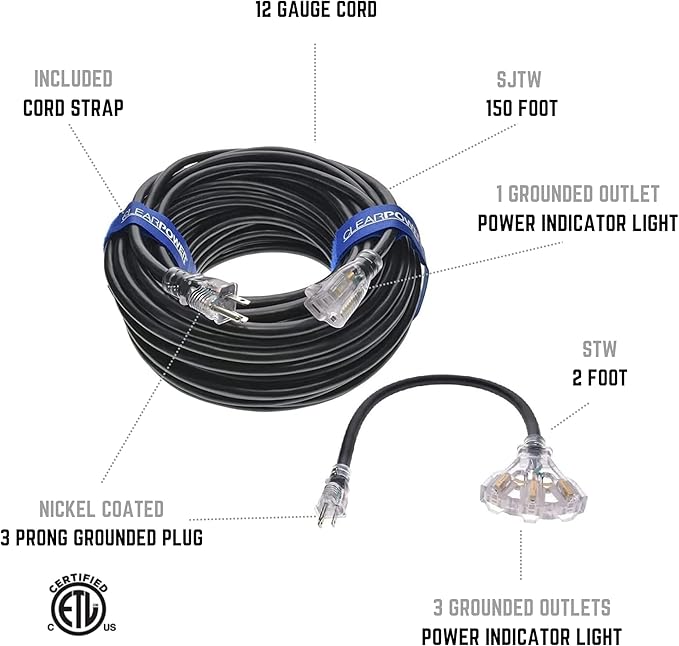 Clear Power Combo Pack 150ft 12/3 SJTW Black Outdoor Extension Cord w/Power Indicator Light & 2ft Black 3-Outlet Adapter w/Power Indicator Light, CP10223