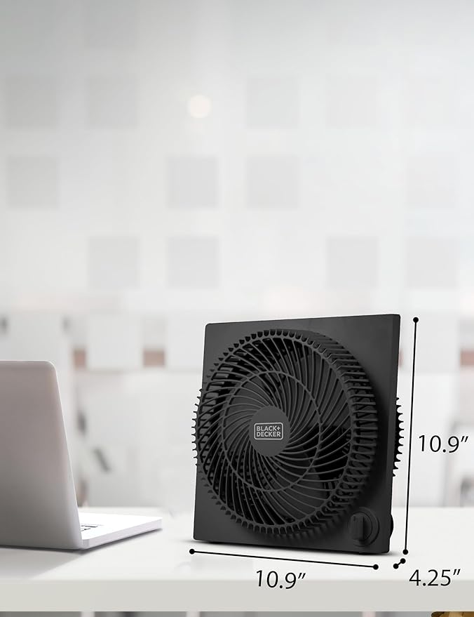 BLACK+DECKER 9-Inch Frameless Box Fan, Freestanding Desk Fan with 3-Speed Settings, Portable Fan for Home Office or Garage, BFB09B, Black