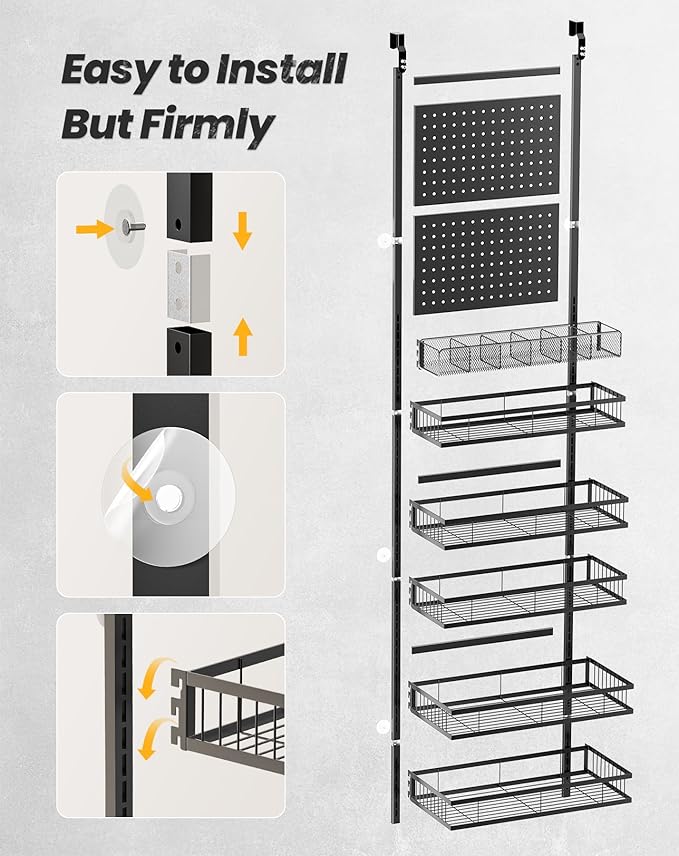 mustry Over The Door Garage Organizer, Behind The Door Storage with PegBoards and Baskets for Cleaning Supplies, Car Care, Spray Can, Metal Hanging Storage Rack for Garage Organization