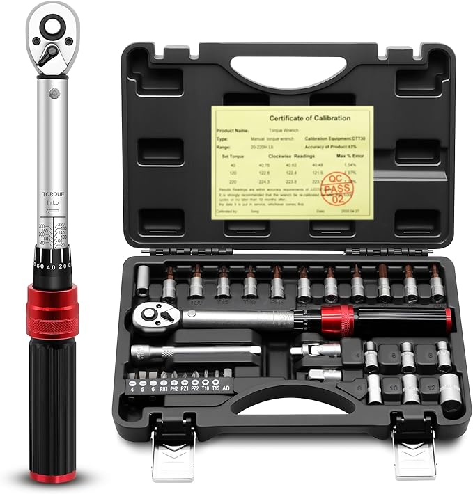 1/4inch Drive Torque Wrench Set, 32-Piece 10-220 in.lb (1-25 Nm) Click Bicycle Torque Wrench with Bit Sockets, 0.1 Nm Micro, 72-Tooth Ratchet, 3/8 Adapter, for MTB, E-Bike, Motorcycle