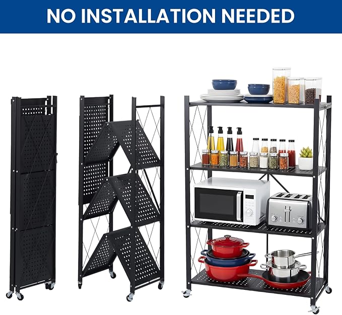4 Tier Foldable Storage Shelf with Wheels, Collapsible Metal Rack Shelving Unit, No Assembly Required, Rolling Cart Shelf Rack Organizer for Books, Garage, Kitchen, Closet, Pantry, Exhibition, Black