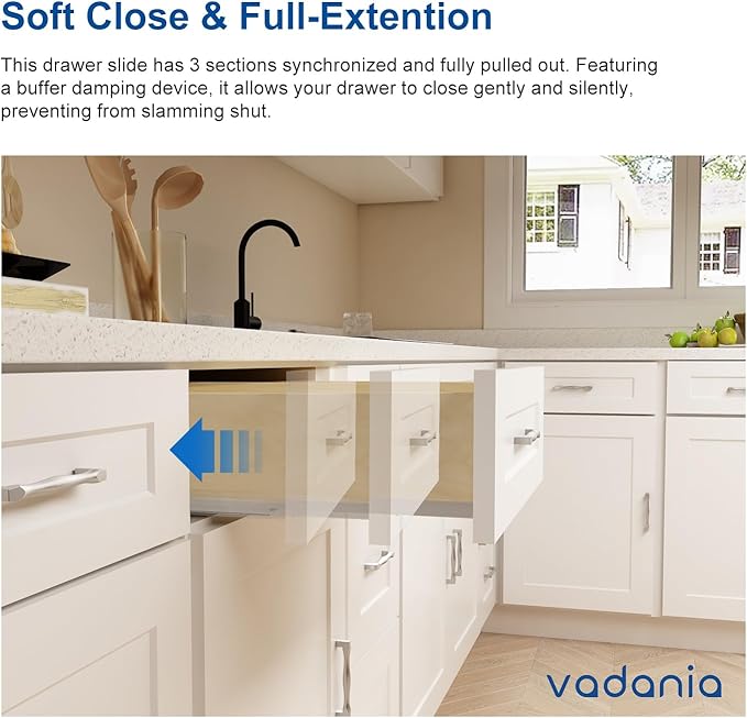 VADANIA 20" Undermount Drawer Slide, Soft Close, Bottom Mounted & Bottom Support, 88 lb Load Capacity, 3-Fold Full Extension, Invisible Drawer Slies,1 Pair(2-Pack)