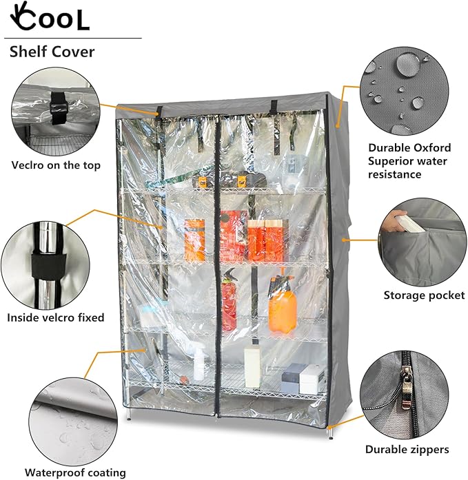 okcool Waterproof Shelf Cover, Wire Shelf Cover with Zipper & Clear View Panel (Grey,48" Wx20 Dx72 H Shelves)