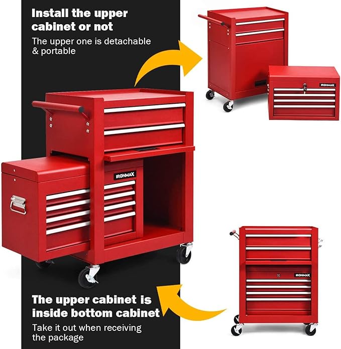 Goplus Tool Chest, 3-in-1 Rolling 6 Drawers Tool Cabinet with Detachable Top Toolbox, Middle Tool Storage, Universal Lockable Wheels, Protective Liner, Auto Lock, Metal Tool Box for Garage Workshop
