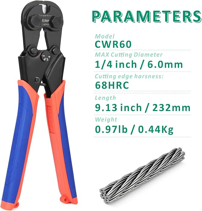 iCrimp 6mm Ratchet Wire Rope Cutter with 68 HRC Hardened Blade for Bicycle, Aircraft, Copper & Piano Cables, CWR60