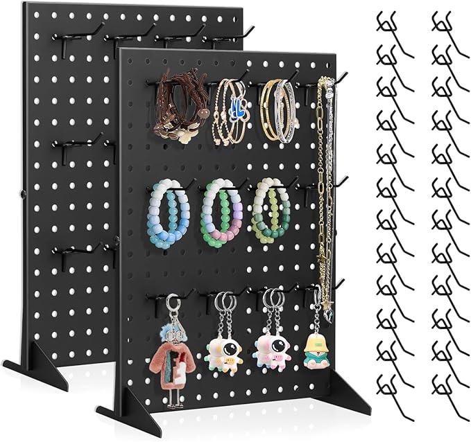 Acfunique 2 Pack Peg Board Display Stand for Vendors with 24 Hooks Metal Tabletop Pegboard Display Stand for Craft Shows 17" X 13" Retail Display Racks Peg Board Organizer Holder Black