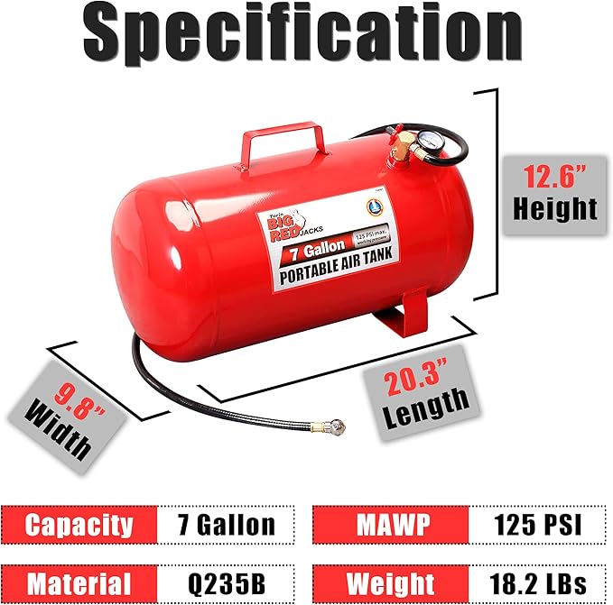 BIG RED T88007 Torin Portable Horizontal Air Tank with 36" Hose, 7 Gallon Capacity, Red