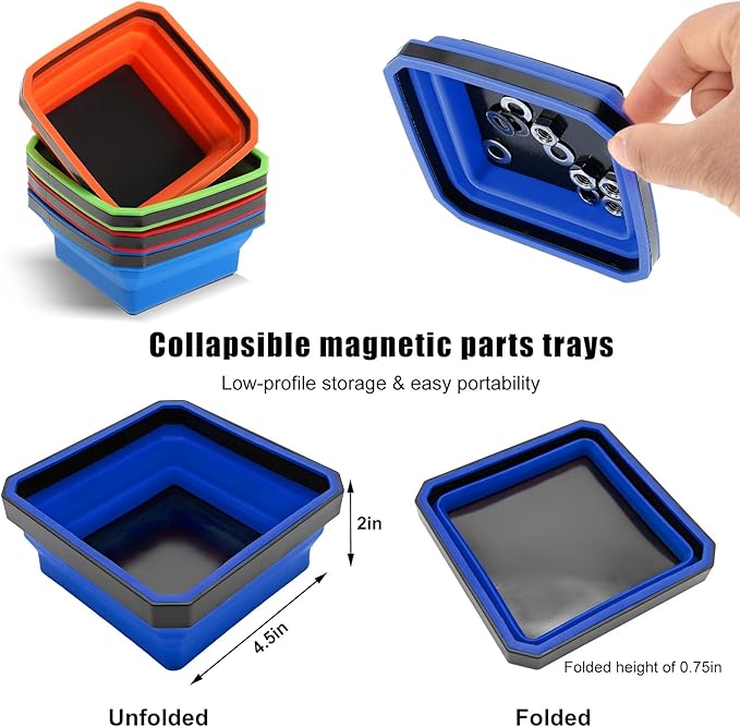 Collapsible Magnetic Parts Tray, 4.5 Inch Foldable Magnetic Square Silicone Tray, Tool Tray Set with Double-Sided Magnetic Base for Screw Bolts Nuts Pins, Car Accessories (Blue)