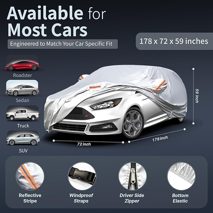 Car Cover Waterproof All-Weather,Heavy-Duty Outdoor Full Exterior Automobiles Snow Cover for Hatchback 164-178 inch,with Sun Visor,Anti-Scratch Cotton Lining & Zippered,Towel&Storage Bag