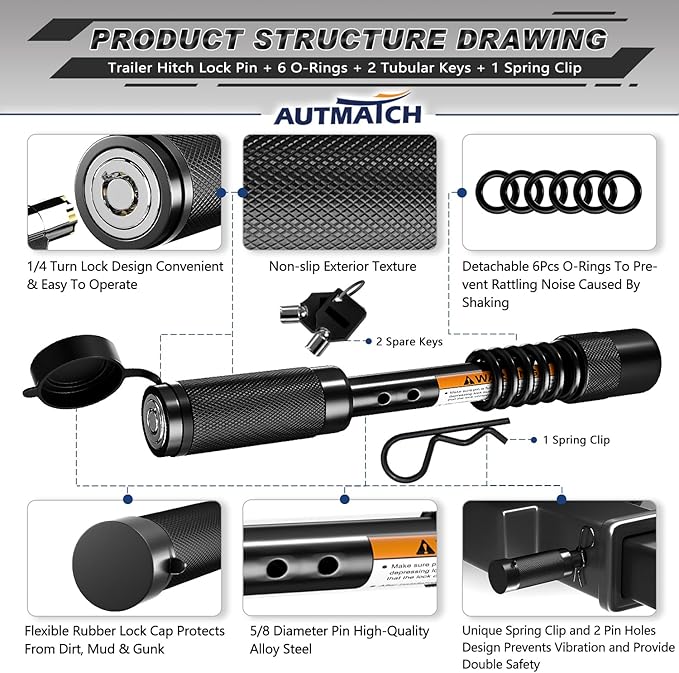 AUTMATCH Trailer Hitch Lock 5/8" - 3-1/2" Extra Long Span & Anti-Theft Hitch Locking Pin, Fits Class III IV 2"-2.5" Receivers, Heavy Duty Towing Lock Pin for Jeep, Trailer, Truck, RV, Bike, Black