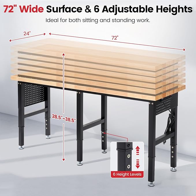 ENJOYWOOD Work Bench 72 Inch Adjustable Height Workbench with Power Outlets & Extended Pegboard 5000 lbs Load Capacity Heavy Duty Work Table for Garage, Workshop, Home, Office