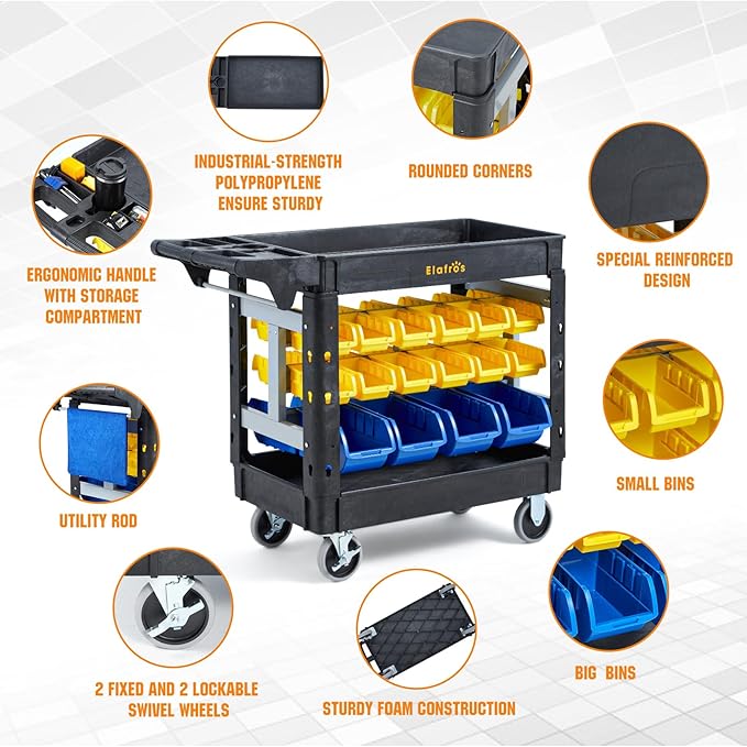 Elafros 2-Tier Utility Cart with 32 Storage Bins – Heavy-Duty Rolling Service Cart with Deep Tub Shelves, Locking Wheels, 550 lbs Capacity, 40.7"x17", for Workshop, Garage, Office