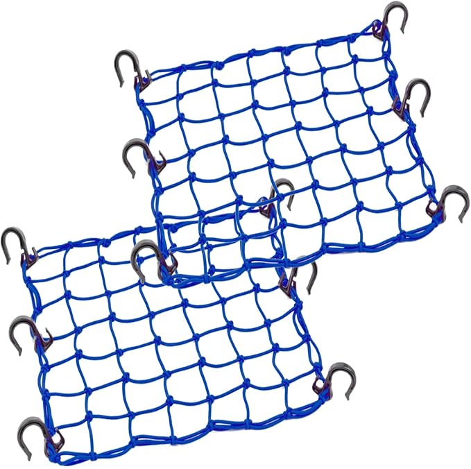 Small Cargo Net 15"x15" Stretches to 30"x30" with Thicken Hooks | Natural Latex Core, Tight 2”x2” Mesh Heavy Duty Bungee Net for Motorcycle Helmet, Bike, ATV, UTV, Luggage (Blue, 2 Pack)