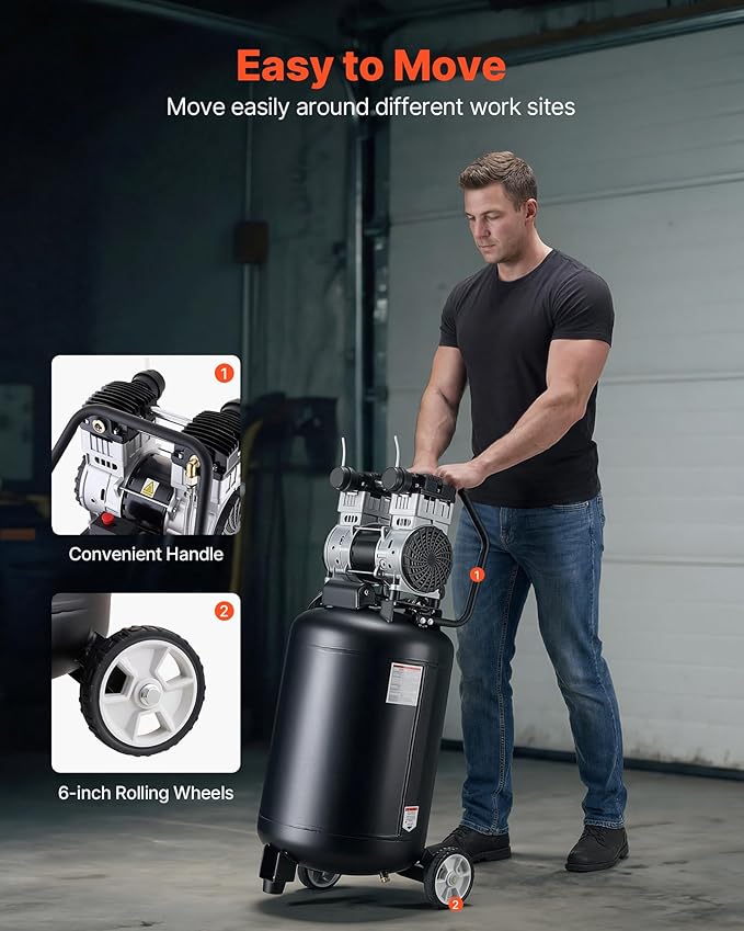 VEVOR 20-Gallon Air Compressor, 2HP 4.5 SCFM at 90PSI, Max 125PSI Pressure Oil-Free Air Compressor Tank, Portable on Wheels for Auto Repair, Tire Inflation, Spray Painting, Woodwork Nailing, 120V