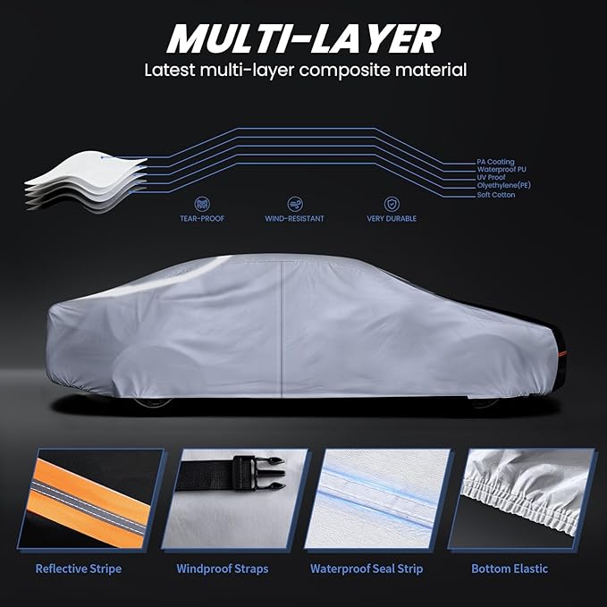 Car Cover Waterproof All Weather, 10 Layers Outdoor Car Covers for Automobiles - Custom Fit Lincoln Continental, Porsche Taycan, Buick Regal, etc. Sun & Rain Protector. C5 (See Size Chart)