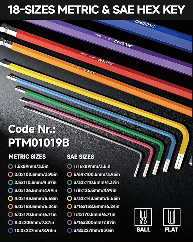 19-Piece Metric(1.5-10mm) & SAE(1/16"-3/8") Allen Wrench Set, Color-Coded Ball End Hex Key Set with Bonus Torque Handle, Extra-Long, Anti-Rust for Motorcycle, Car Repair & DIY, PTM01019B